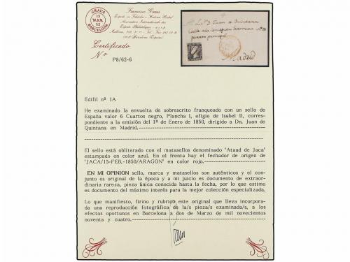 ✉ ESPAÑA. Ed. 1. 1850. JACA a MADRID. 6 cuartos negro, pl. I