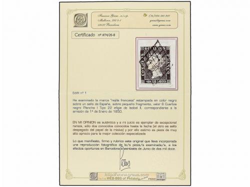 Δ ESPAÑA. Ed. 1. 6 cuartos negro, pl. I tipo 22 sobre pequeñ