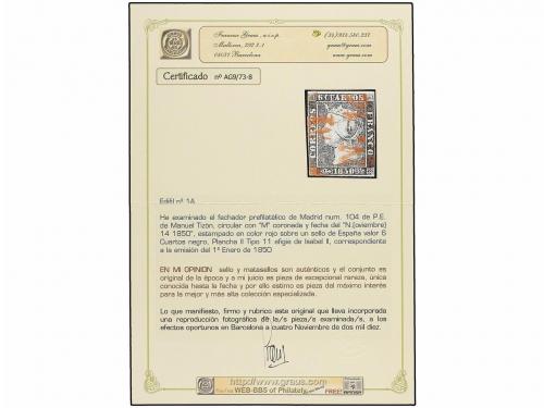 ° ESPAÑA. Ed. 1A. 6 cuartos negro, pl. II tipo 11. Mat. M (c