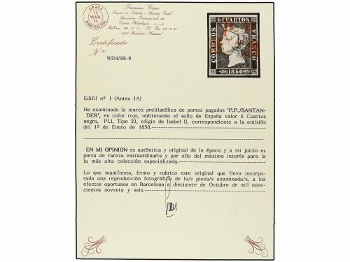 ° ESPAÑA. Ed. 1. 6 cuartos negro, pl. I tipo 21. Mat. P.P./S