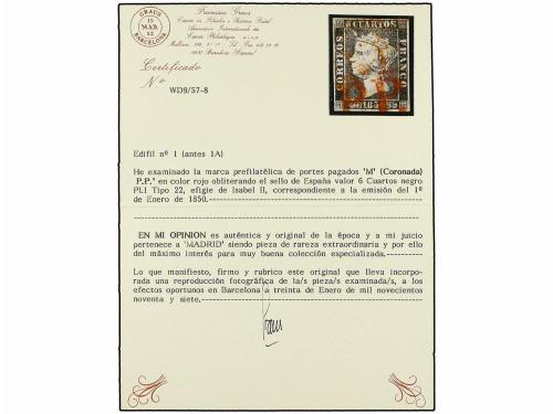 ° ESPAÑA. Ed. 1. 6 cuartos negro, pl. I tipo 22. Mat. M (cor