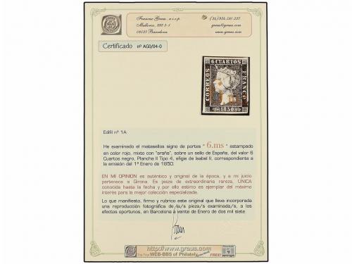 ° ESPAÑA. Ed. 1A. 6 cuartos negro, pl. II tipo 4. Mat. "6ms"