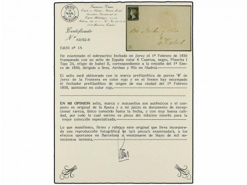 ✉ ESPAÑA. Ed. 1. 1850. JEREZ a MADRID. 6 cuartos negro pl. I