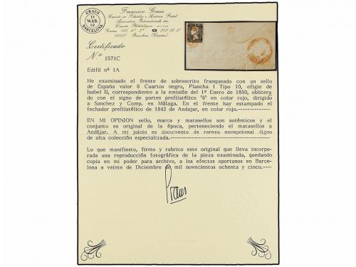 ✉ ESPAÑA. Ed. 1. 1850. FRONTAL. ANDÚJAR a MÁLAGA. 6 cuartos 