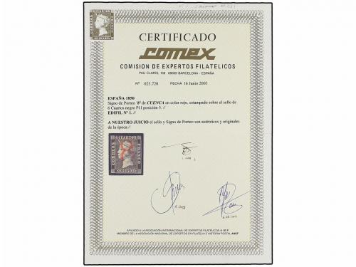 ° ESPAÑA. Ed. 1. 6 cuartos negro, pl. I tipo 23. Mat. "8" en