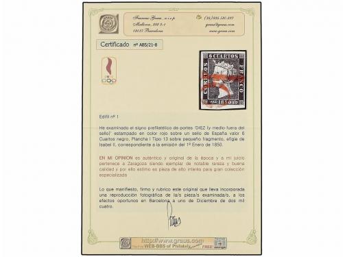 Δ ESPAÑA. Ed. 1. 6 cuartos negro, pl. I tipo 13 sobre pequeñ