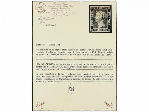 ° ESPAÑA. Ed. 1. 6 cuartos negro, pl. I tipo 4. Mat. "11" en