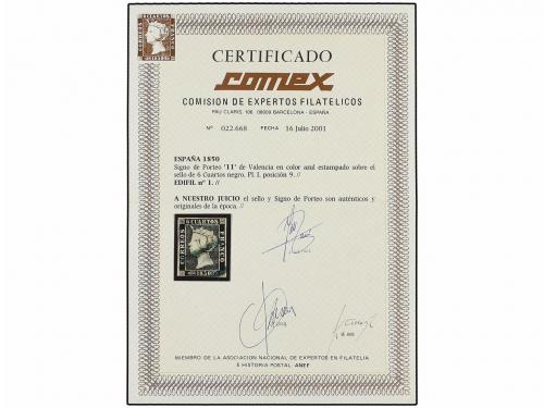 ° ESPAÑA. Ed. 1. 6 cuartos negro, pl. I tipo 9. Mat. "11" en