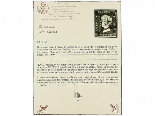 ° ESPAÑA. Ed. 1. 6 cuartos negro, pl. I tipo 17. Mat. "11" e