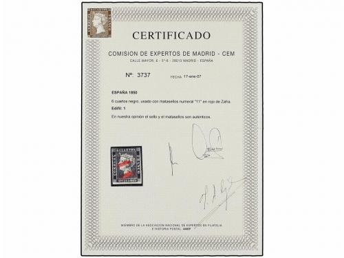 ° ESPAÑA. Ed. 1. 6 cuartos negro, pl. I tipo 17. Mat. "11" e