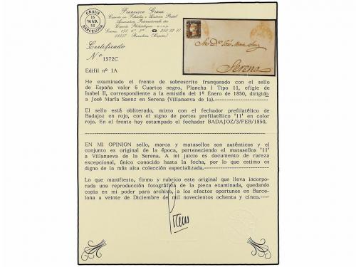 ✉ ESPAÑA. Ed. 1. 1850. FRONTAL. BADAJOZ a SERENA. 6 cuartos 