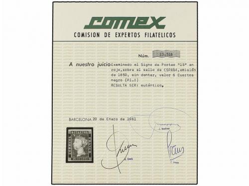 ° ESPAÑA. Ed. 1. 6 cuartos negro, pl. I tipo 4. Mat. "15" en