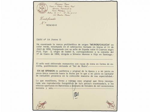 ✉ ESPAÑA. Ed. 1A. 1850. MUROS a SANTIAGO. 6 cuartos negro, p