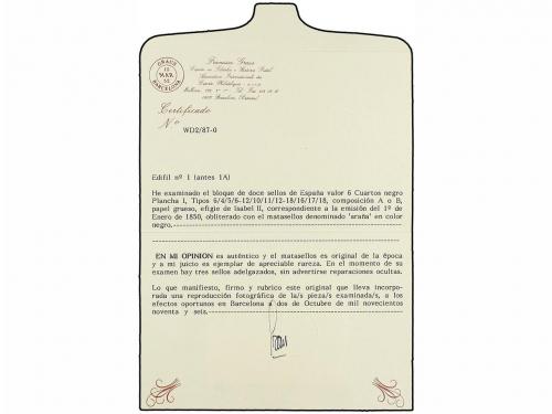 ° ESPAÑA. Ed. 1A (12). 6 cuartos negro, pl. II tipos 6, 4, 5