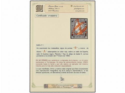 ° ESPAÑA. Ed. 1. 6 cu. negro, tipo I posición 3. Mat. "O"y A