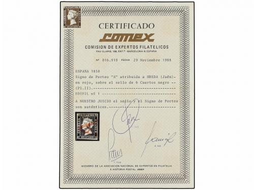 ° ESPAÑA. Ed. 1. 6 cu. negro, tipo I posición 1. Mat. "A" de