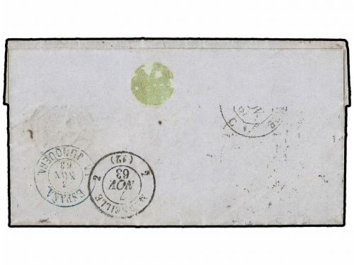 ✉ ESPAÑA. Ed. 59F. 1863. BARCELONA a FRANCIA. 12 cuartos azu