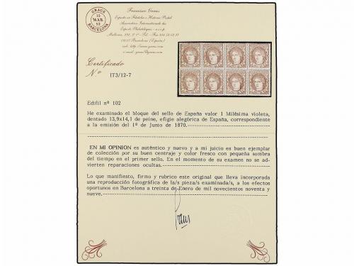 ** ESPAÑA. Ed. 102c (8). 1 mils. castaño s. anteado. Bloque 