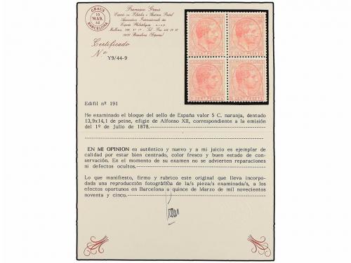 ** ESPAÑA. Ed. 191 (4). 5 cents. naranja. Bloque de cuatro,