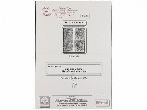 ** ESPAÑA. Ed. 194 (4). 25 cts. oliva. Bloque de cuatro, cen