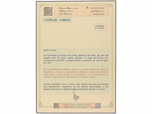 ** ESPAÑA. Ed. 273N (30). 2 cts. violeta, numeración A000,00
