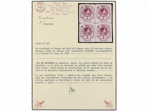 ** ESPAÑA. Ed. 273 (4). 20 cts. violeta. Bloque de cuatro, e