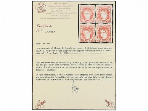 ** ESPAÑA. Ed. 105 (4). 10 mils. rosa. Bloque de cuatro, cen