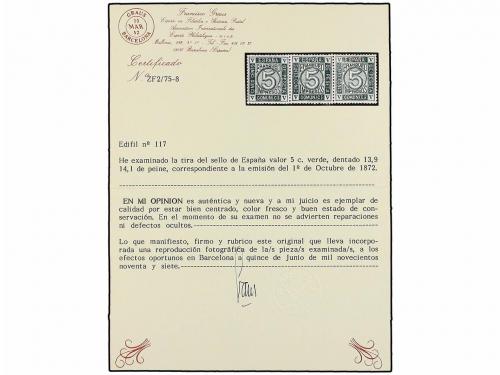 ** ESPAÑA. Ed. 117 (3). 5 cts. verde. Tira de tres, centraje