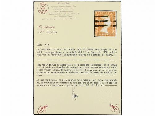 ° ESPAÑA. Ed. 3. 5 reales rojo. Mat. BARRAS DE LOGROÑO en ne