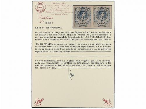 (*) ESPAÑA. Ed. 268Hc. 5 cts. azul violeta. Tirada especial