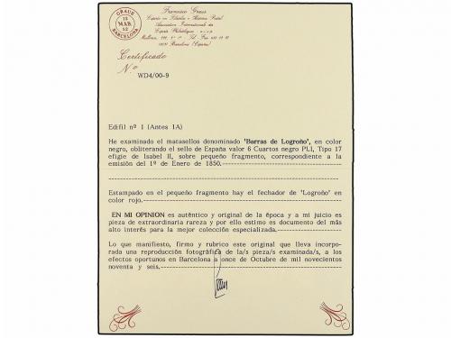 ¿ ESPAÑA. Ed. 1. 6 cuartos negro, tipo I en gran fragmento d