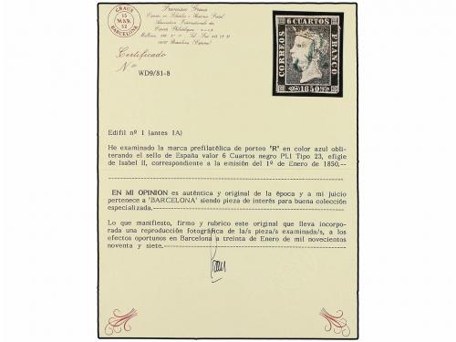 ° ESPAÑA. Ed. 1. 6 cuartos negro, tipo I. Mat. R de BARCELON