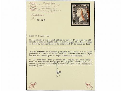 ° ESPAÑA. Ed. 1. 6 cuartos negro, tipo I. Mat. O de ARÉVALO