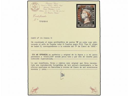 ° ESPAÑA. Ed. 1A. 6 cuartos negro, tipo II. Mat. 6 de ANDÚJA