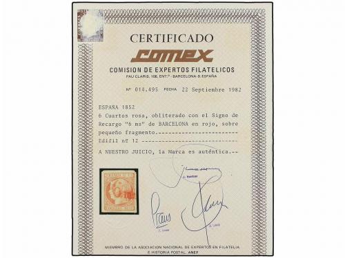 ° ESPAÑA. Ed. 12. 6 cuartos rojo. Mat. 6.ms en rojo de BARCE