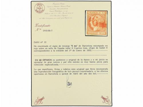 ° ESPAÑA. Ed. 12. 6 cuartos rojo. Mat. 6.ms en rojo de BARCE