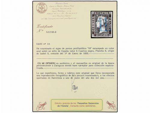 ° ESPAÑA. Ed. 1A. 6 cuartos negro, tipo II. Mat. 11 en azul