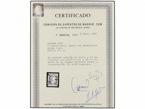 ° ESPAÑA. Ed. 4. 5 reales azul. Mat. ARAÑA ROJA. Excepcional