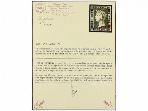 ° ESPAÑA. Ed. 1 (4). 6 cuartos negro, tipo I. 4 sellos con m