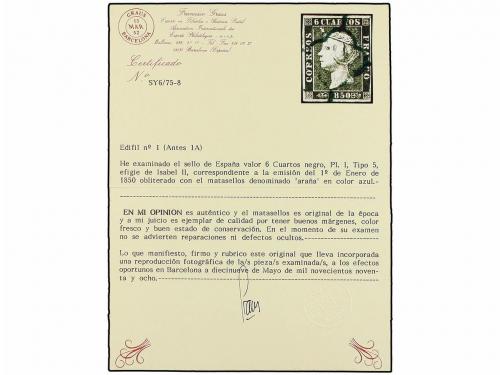 ° ESPAÑA. Ed. 1 (4). 6 cuartos negro, tipo I. 4 sellos con m