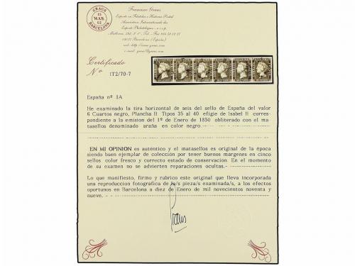 ° ESPAÑA. Ed. 1. 6 cuartos negro, tipo I. Tira de seis sobre