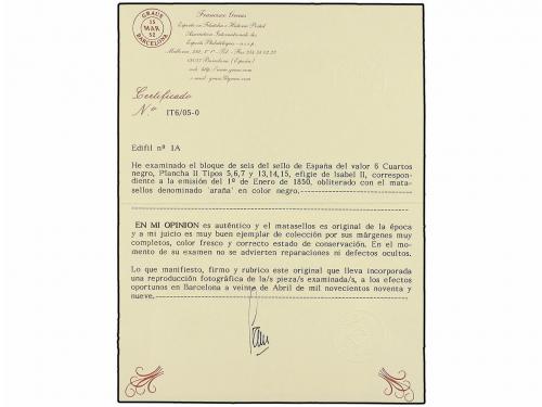 ° ESPAÑA. Ed. 1 (6). 6 cuartos negro, tipo I. Bloque de cuat