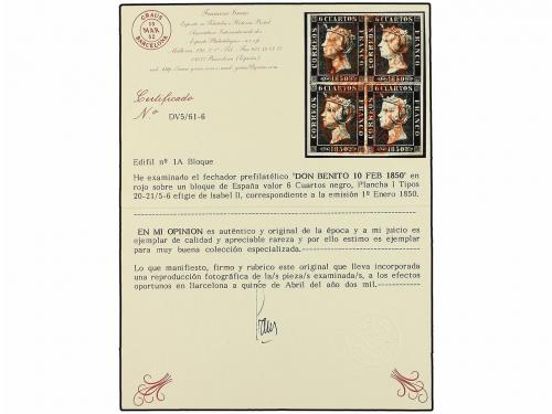 ° ESPAÑA. Ed. 1 (4). 6 cuartos negro, tipo I. Bloque de cuat