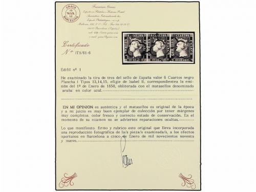 ° ESPAÑA. Ed. 1 y 1A. 6 cuartos negro, tipos I y II. 2 tiras