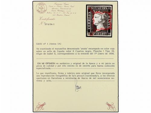 ° ESPAÑA. Ed. 1. 6 cuartos negro, tipo I. 2 sellos. Mat. ARA