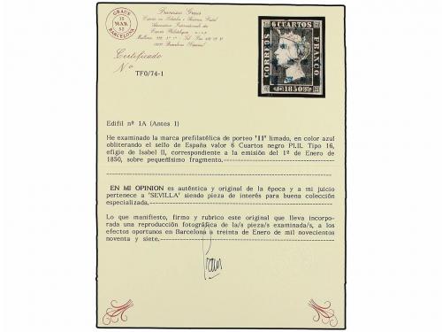 ° ESPAÑA. Ed. 1A (2). 6 cuartos negro, tipo II. Dos sellos c