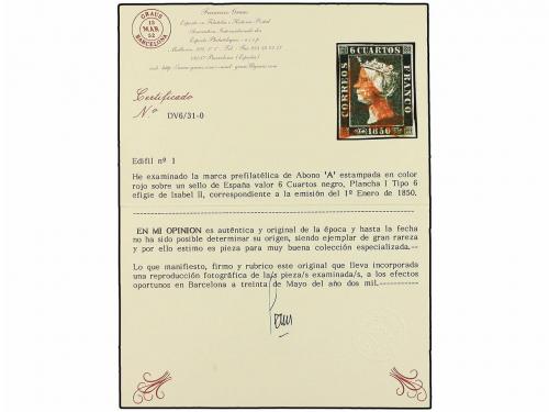 ° ESPAÑA. Ed. 1. 6 cuartos negro, tipo I. Mat. A en rojo de