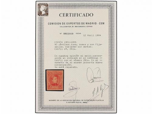 * ESPAÑA. Ed. 251s. 40 cts. rosa SIN DENTAR. MAGNÍFICO. Cert