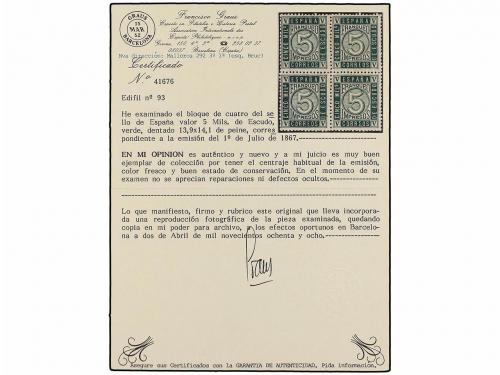 ** ESPAÑA. Ed. 93 (4). 5 mils. verde. Bloque de cuatro, buen