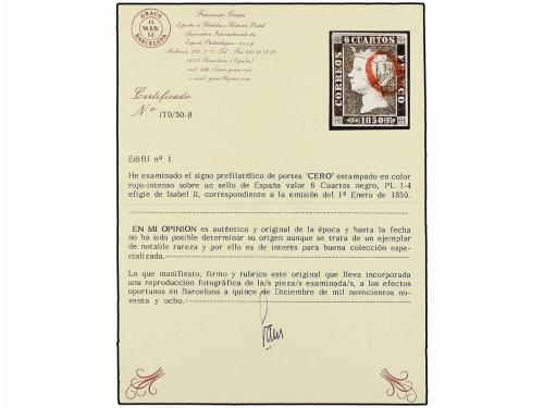 ° ESPAÑA. Ed. 1. 6 cuartos negro, tipo I. Mat. O en rojo de